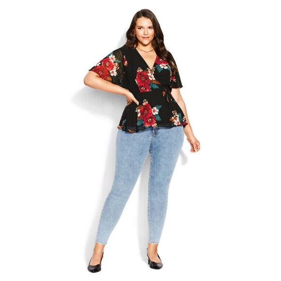 NWT City Chic Valencia Faux Wrap Tie Babydoll Blouse Floral Top Plus Size M 18 - Picture 3 of 14